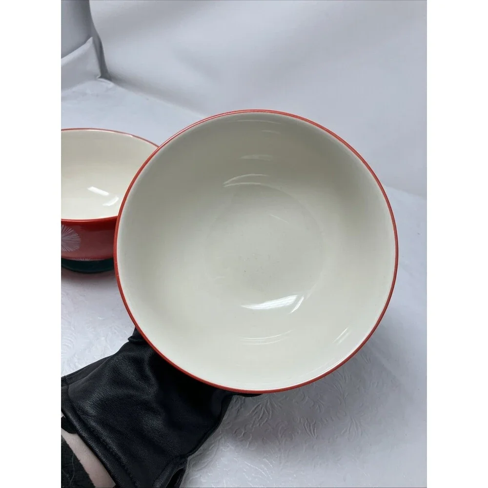 Pioneer Woman Red Starburst Large Cereal Bowls Footed Set of 3